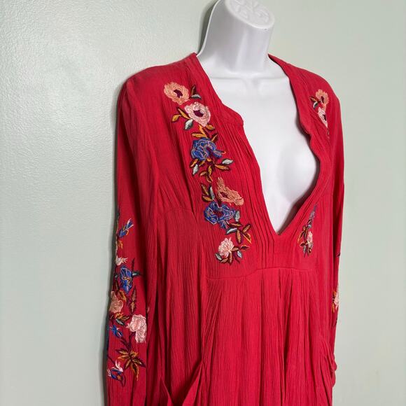 Free People Mia Red Floral Embroidered Gauze Long Sleeve Mini Swing Dress S - Picture 9 of 11